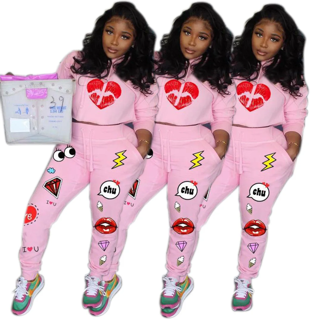 

Wholesale Hot Cute Print Sweatsuits Female Two-Piece Pink Sport Suits Winter Sets Womens Clothing Winter 2 Piece Set For Women, Solid black/blue/pink/hoodie sports suits