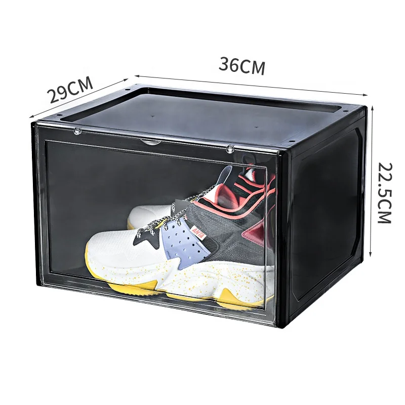 

New drawer type high quality oversize magnet sneaker stackable organizer PP plastic black clear foldable front drop shoe box