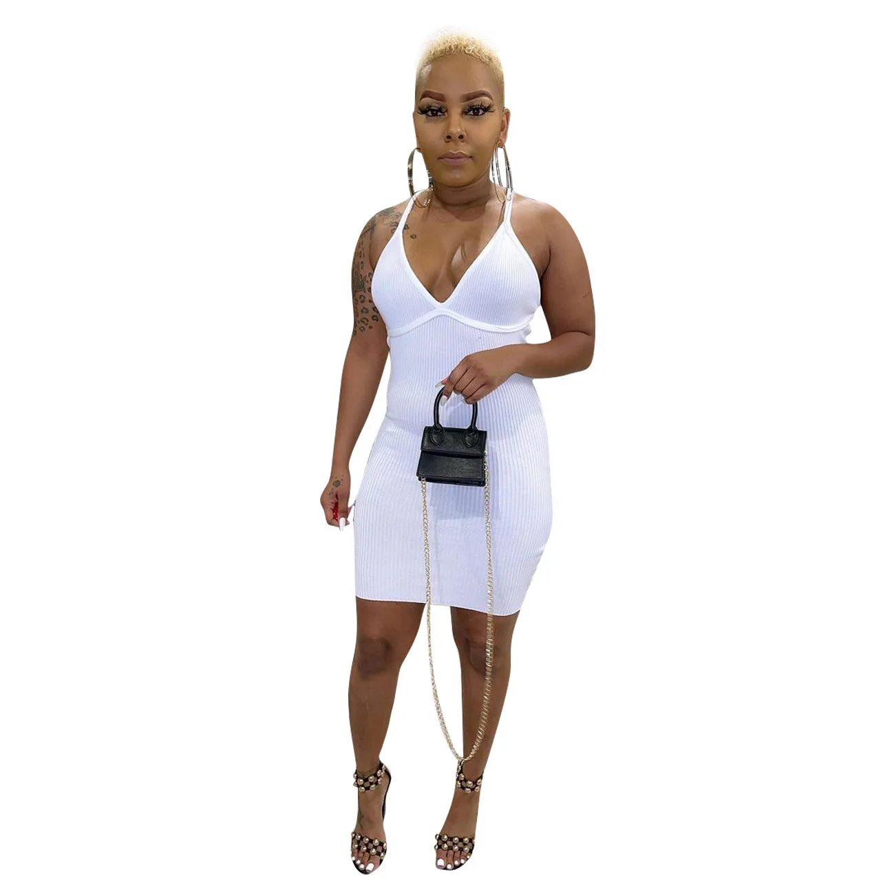 

2021 summer pure color pit strip temperament halter dress cross-border women's wear, White/red/black
