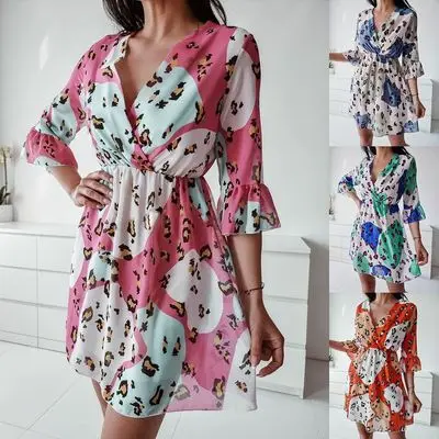 

Women Fashion Leopard Casual Party Dress Loose Stitch Ruffle Summer Mini Dress Lady Sexy V Neck Half Print Stretch Waist Dresses