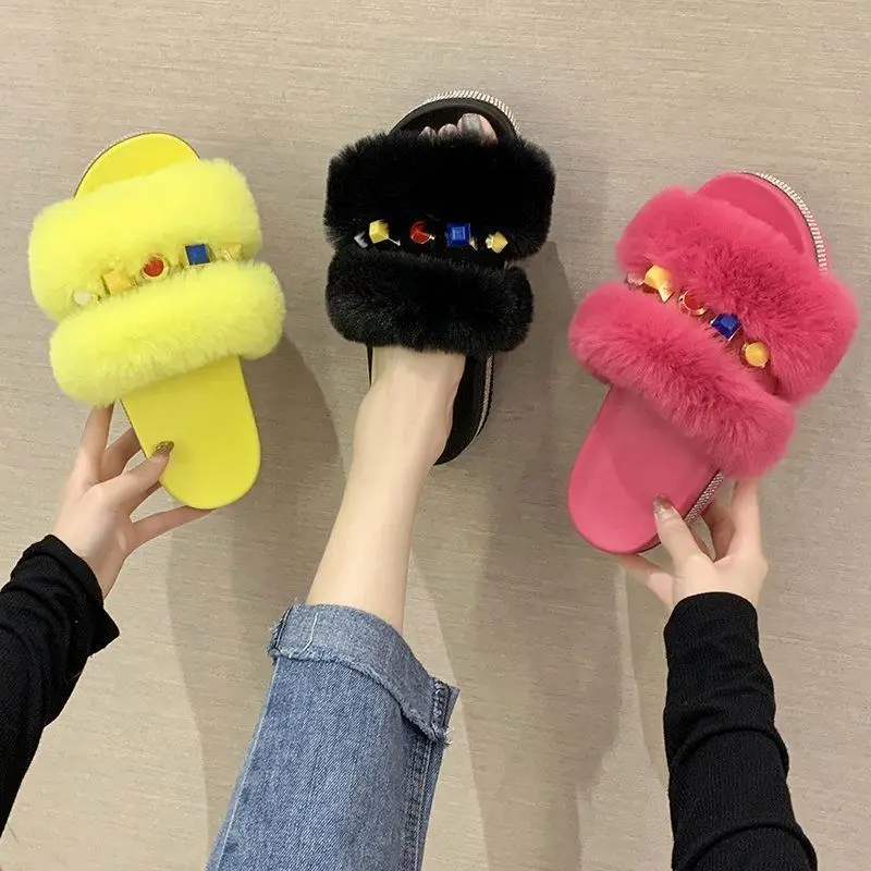 

Latest Fashion Fur Slippers Women Winter house Furry Sandals Casual Flat women's Slip on Shoe Hairy Fluffy Big Size
