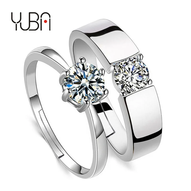 

Simple Copper Cubic Zircon couple rings Lovers Diamond Engagement 925 Silver Plated Wedding open adjustable Ring