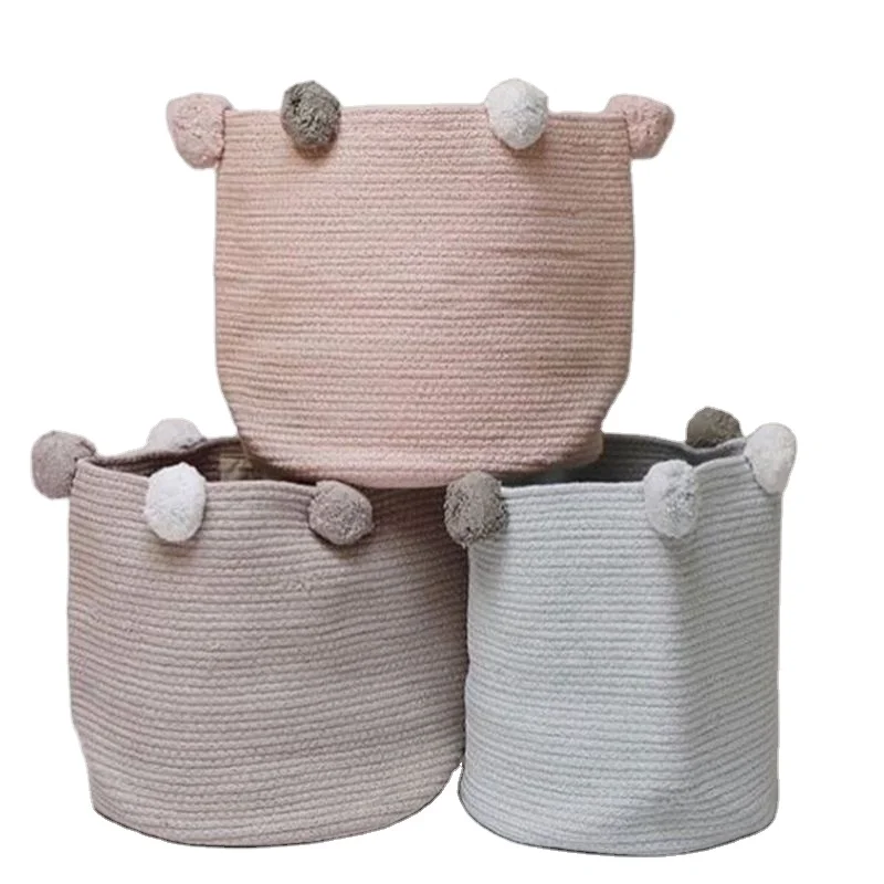 

100% Natural Cotton Rope Woven Storage Basket With Pompom For Baby Living Room