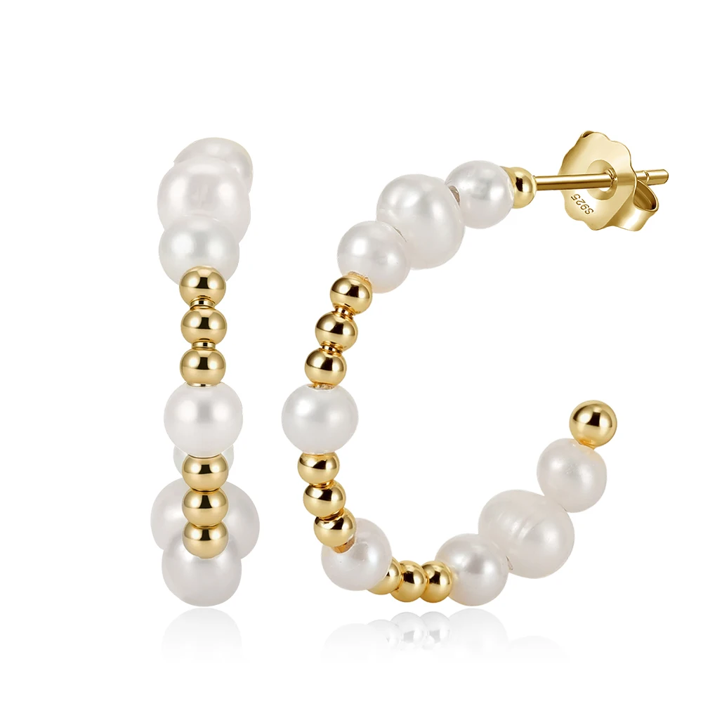 GPE71 New Arrival Hoop Earrings for Women Silver 14K Gold Plated Freshwater Pearl Lightweight Open Large Circle Round Earrings