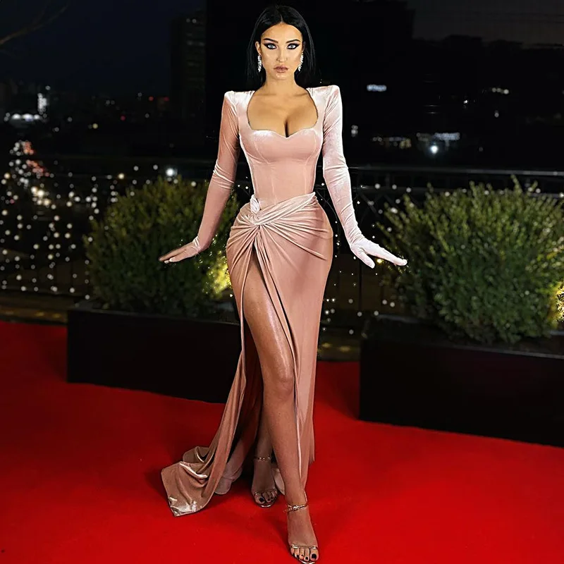 

Free Gloves Elegant Winter Sexy Velvet Black Hollow Out Long Sleeves Formal Dress Women Long Evening Dress