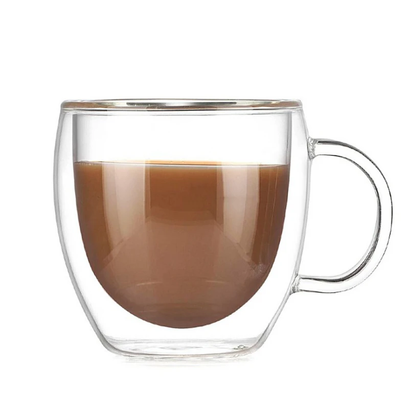 

250ml 350ml customized Glass double wall mugs glass coffee glasses double wall glasses double glass cup with handle