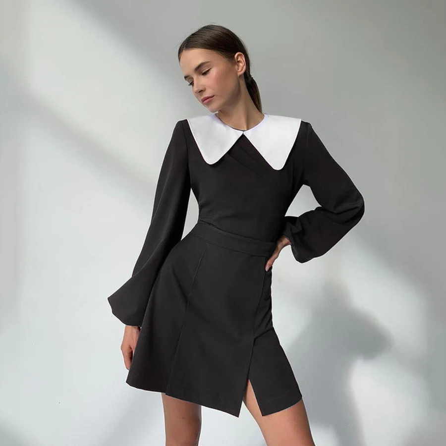 

Kliou K21D09362 Women's Street fashionable church nun dress Solid color lapel bell sleeve MINI skirt