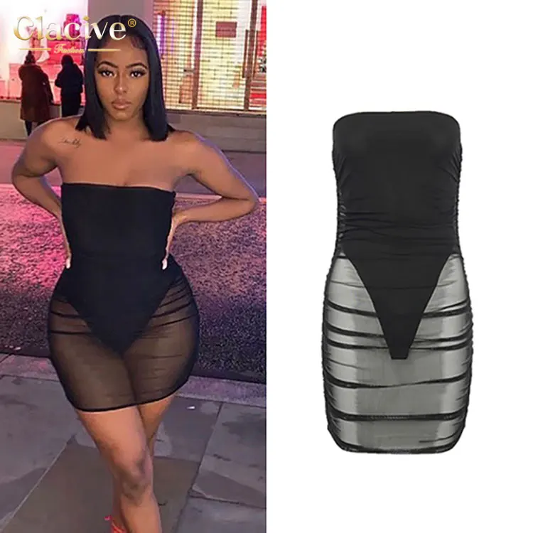 

Clacive New Arrival Black Sleeveless Waterfall Mesh Splicing Women Mini Dress Translucent Backless Sexy Women Dresses, Black;white,blue,red
