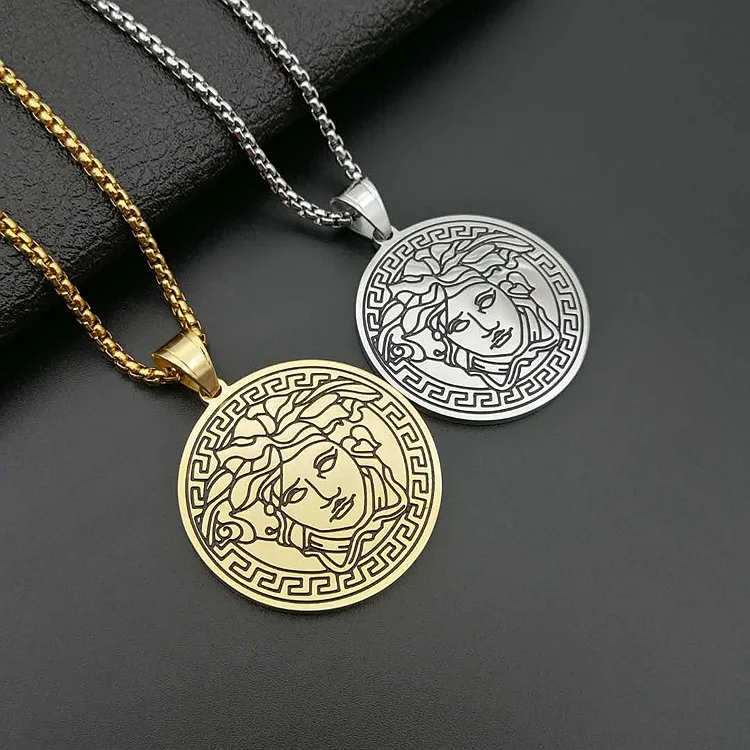 

High Quality Hip Hop Stainless Steel Medusa Round Charm Pendant Necklace Men Women