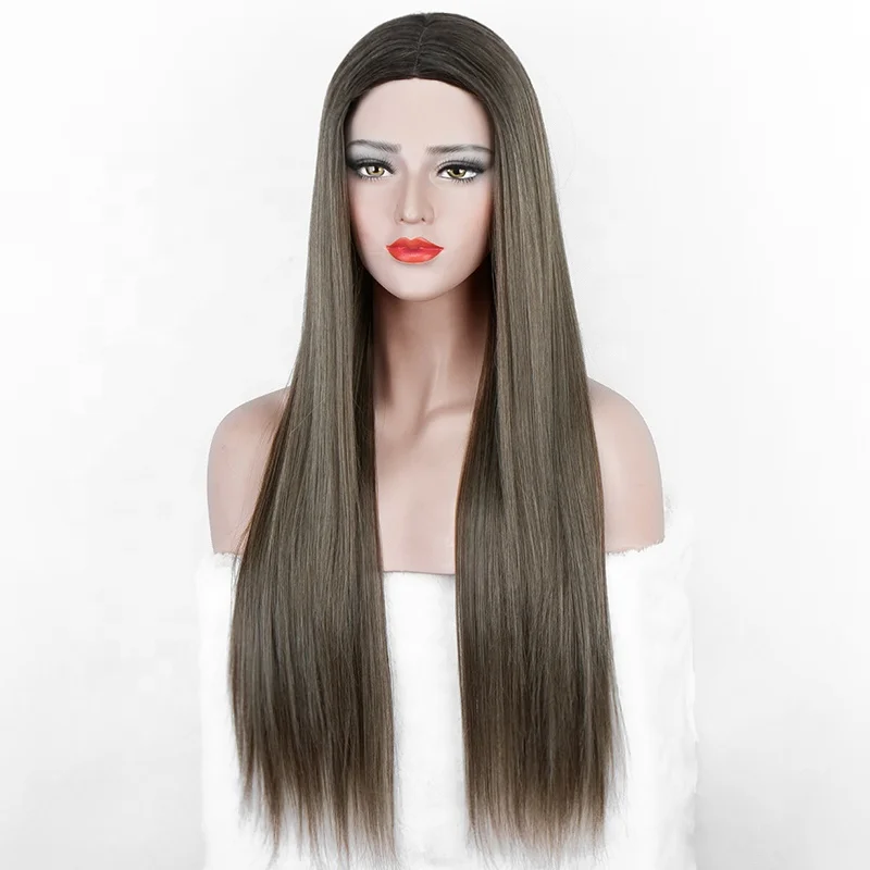 

Aliblisswig Natural Looking Dark Root Ombre Brown Long Straight Middle Part Heat OK Fiber Hair None Lace Synthetic Wigs