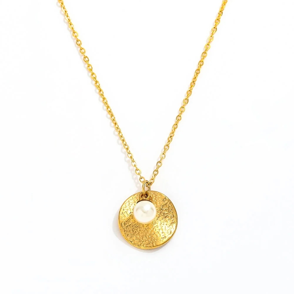 Joolim Jewelry 18K Gold Plated Imitation Pearl Hammered Pendant Necklace Stainless Steel Jewelry Wholesale