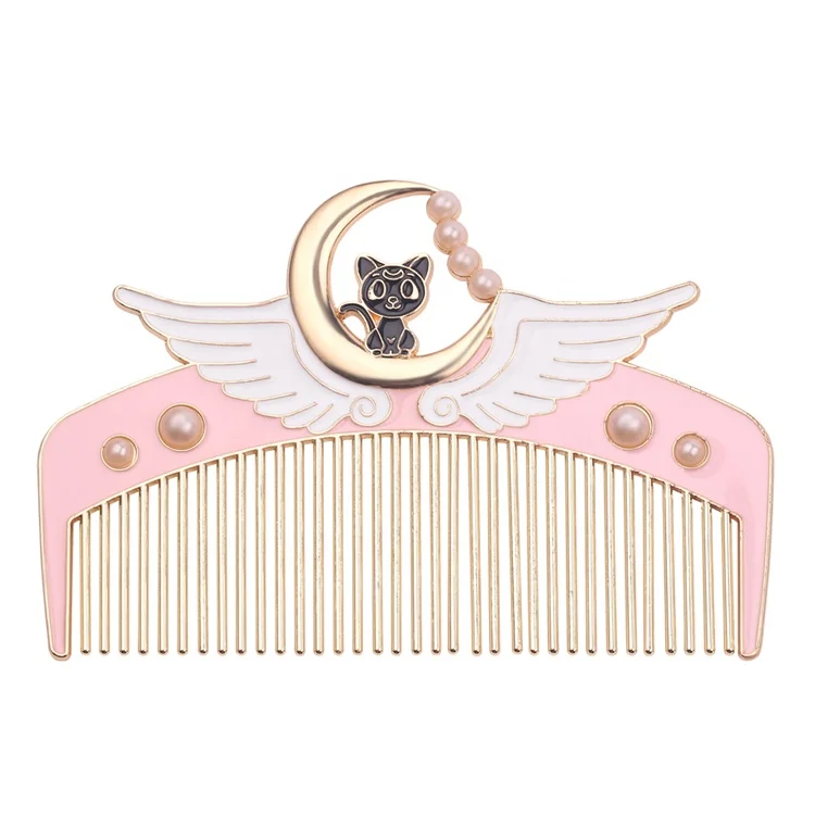 

Pink Comb for Lady Cat Girl Metal Hair Comb with Crystal Luna Wing Heart Shape Sailor Moon Makeup Comb, As the picture