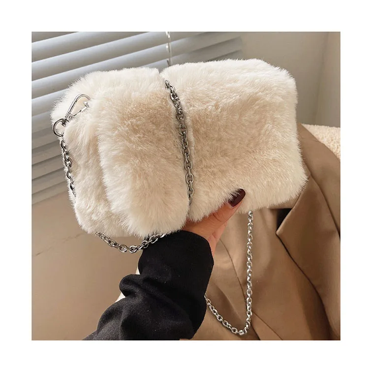 

Fluffy Faux Fur Ladies Chains Flap Handbags Luxury Women Fall Winter Soft Plush Shoulder Messenger Purses Clutch Handbags Ladies