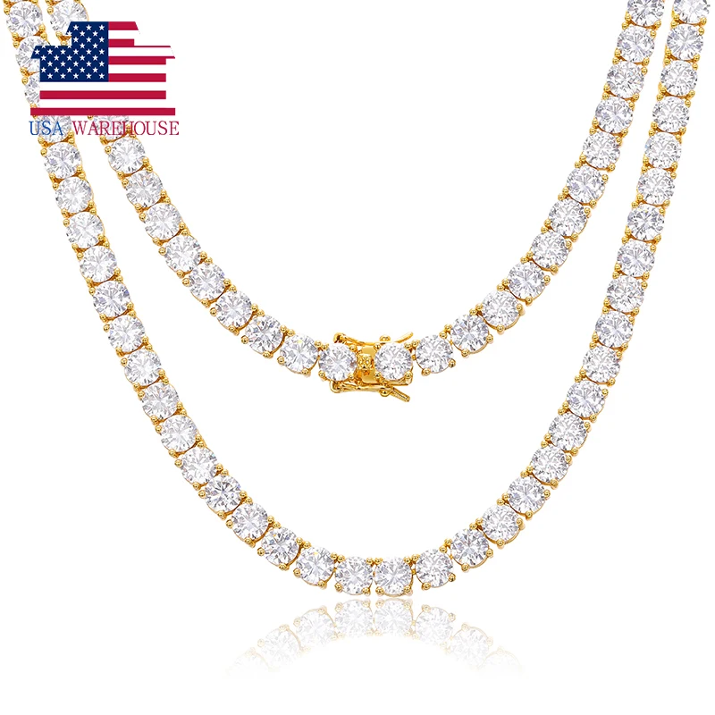 

Local US Stock 18K Gold Plated Iced Out 925 Sterling Silver VVS Moissanite Diamond Cluster Tennis Chain Necklace