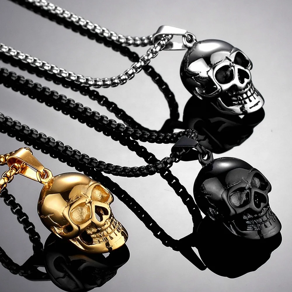 

Wholesale Stainless Steel Punk Jewelry Necklace Fashion Men Pendant Skull Head Pendant Necklace, Steel,gold,black