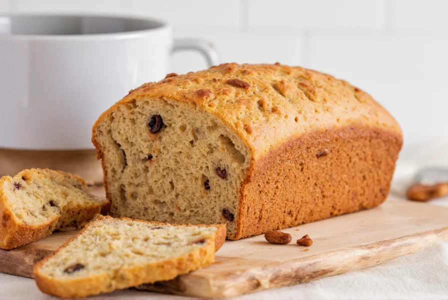Finished cinnamon raisin bread sliced on cutting board