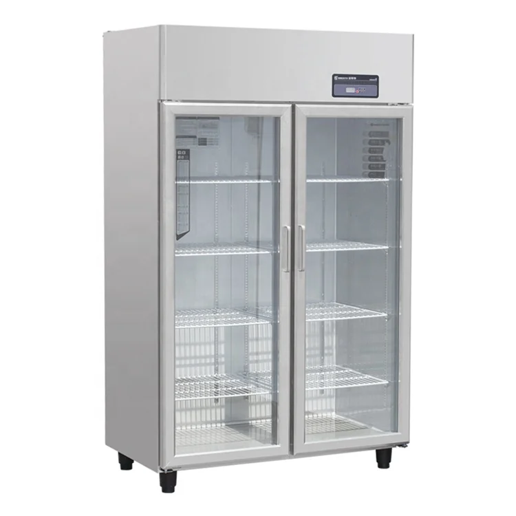 
Commercial hotel kitchen equipment Stainless steel two big glass door upright chiller Refrigerator freezer  (1600132886303)