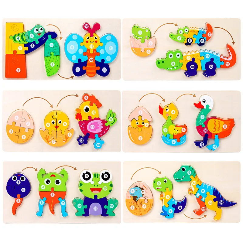2026 New Arrival Children Wooden 3D Cartoon Animal Growth Evolution Puzzle Montessori Educational Life Cycle Toys for Kids