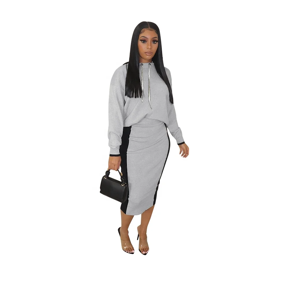 

Two piece suit of European and American new fashion casual hooded patchwork dress