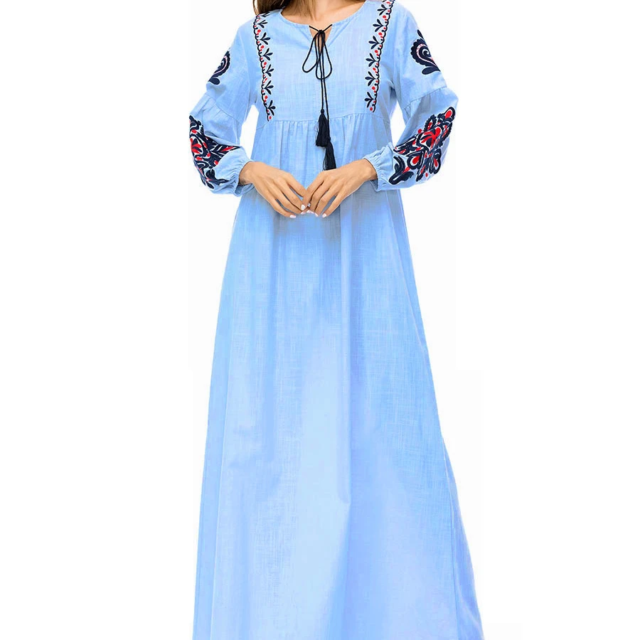 

Autumn ethnic style Lantern Sleeve embroidered dress long sleeve round neck embroidered long skirt