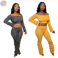 

9122730 Fashion sexy midriff outfit off the shoulder puff sleeve solid color plicated Pant Sets Outfits Pieces Women Two Piece