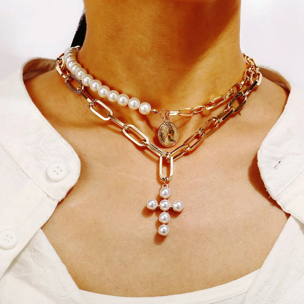 

Creative Gold Link Chain Multi-layer Necklace Women 2020 Elegant Pearl Cross Pendant Necklaces Wedding Jewelry (KNK5230), Silver, gold