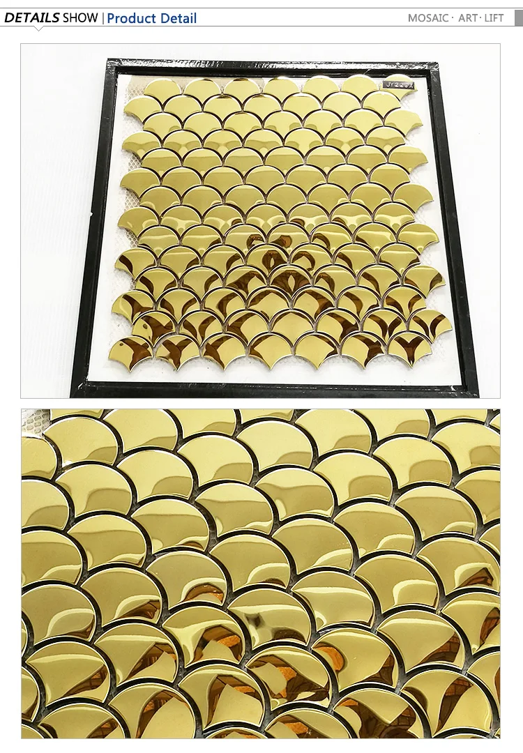 Factory direct sale fish scale metal mosaic fan design golden 304 stainless steel mosaic tiles for wall decor