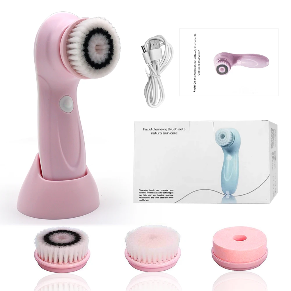 

Skin Cleansing Massage Tool Vibration Waterproof 3 In 1 Facial Cleansing Brush Power Battery Beauty Equipment, Pink, green