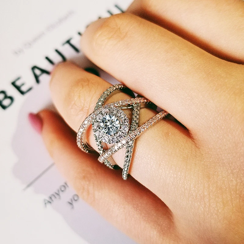 

925 Silver Plated Rose Gold Color Cross Engagement Ring For Women Band Wedding Lady Anniversary Party Gift Ring