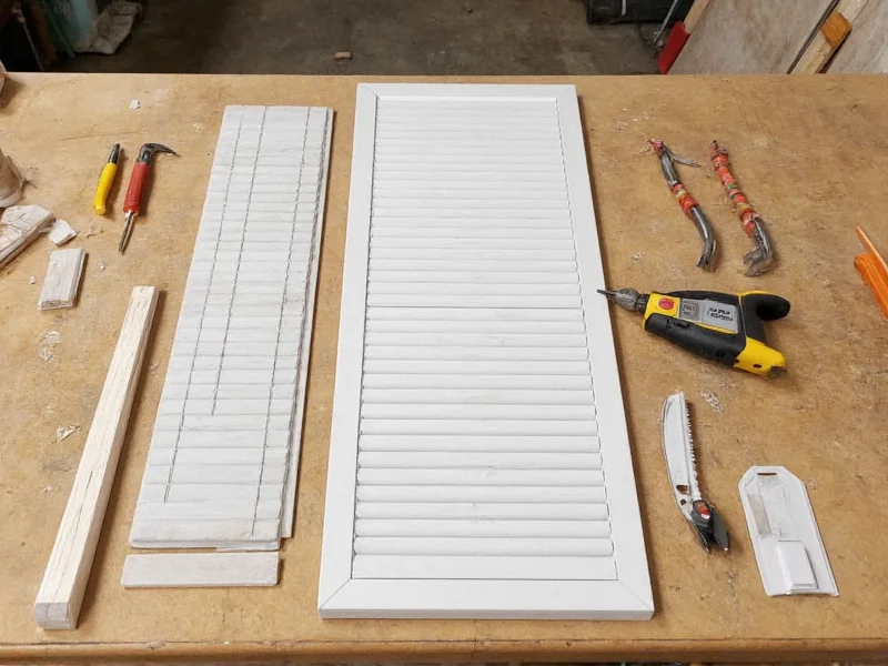 DIY shutter materials laid out on workbench with tools