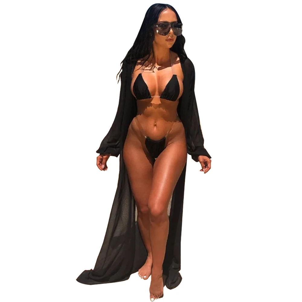 

2021 Solid Color Sexy Bikini Long Sleeve Sun Blouse Triangle String Thong Three-Piece Swimsuit Bikini