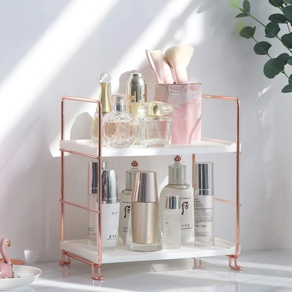 

Desktop Cosmetics Rack Rose Gold 2/3 Layers Bathroom Makeup Organizer Assembled Kitchen Seasoning Iron Storage Shelves