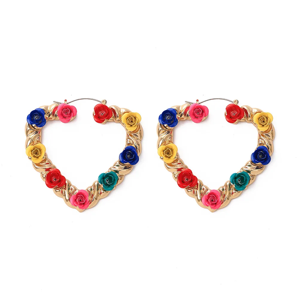 

Fancy Stylish Colorful Flower Heart Circle Earrings Oversize Heart Rose Wreath Statement Earrings