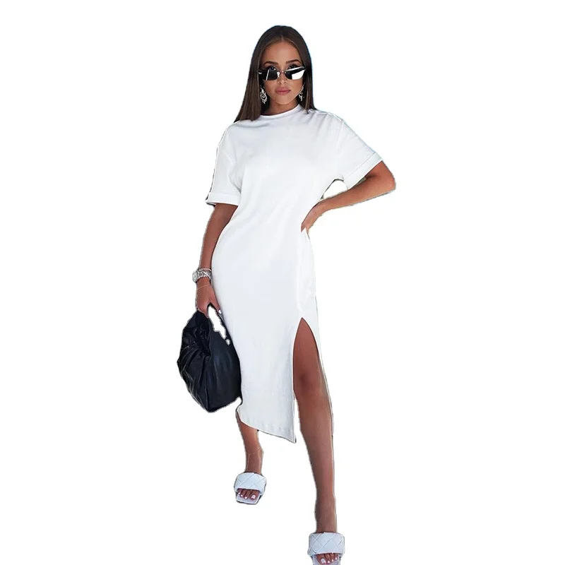 

2021 new trending white solid cotton sexy split custom casual t shirt dresses women tshirts dress, White, customized color