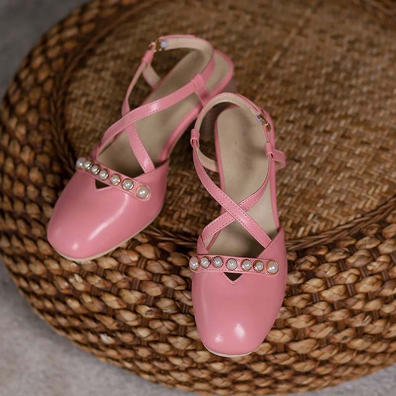 

Summer Pearls Sweet Round Head Buckles Mid Thick Heels Ladies Sandals, Pink/black/ecru