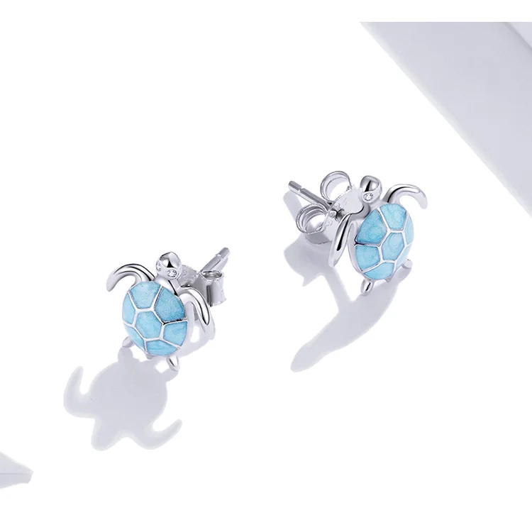 

BAMOER Silver Blue Turtle Stud Earrings 100% 925 Sterling Silver Enamel Cartoon Animal Earring for Women Fashion Jewelry SCE1035
