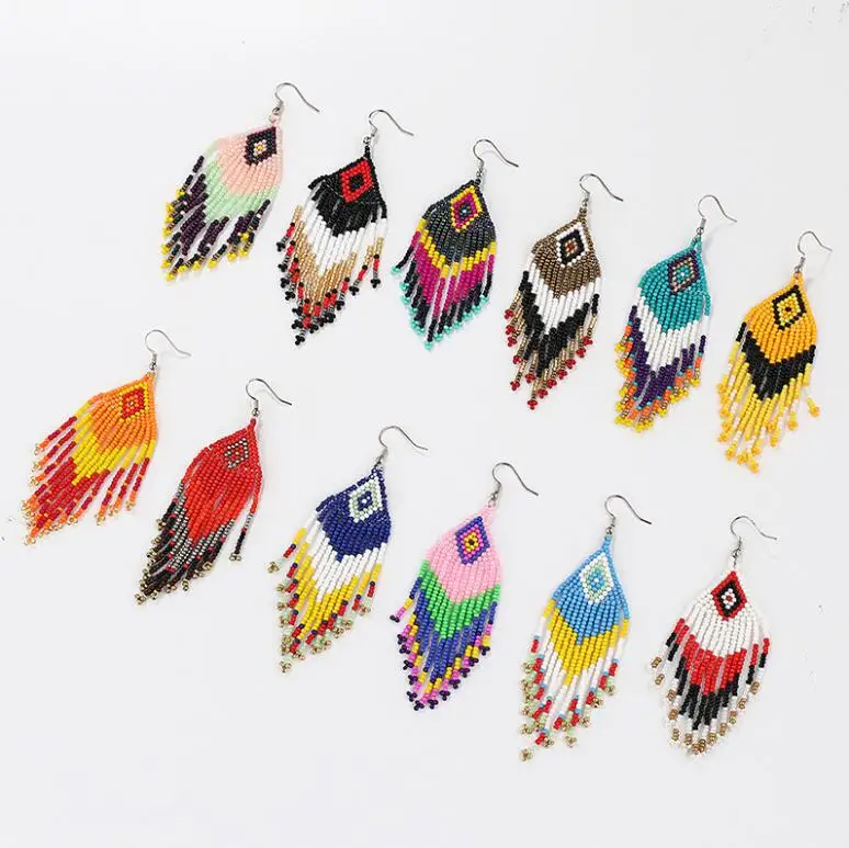 

Wholesale Fashion Jewelry Handmade Multicolor Bohemian Beads Tassel Earrings, Gold