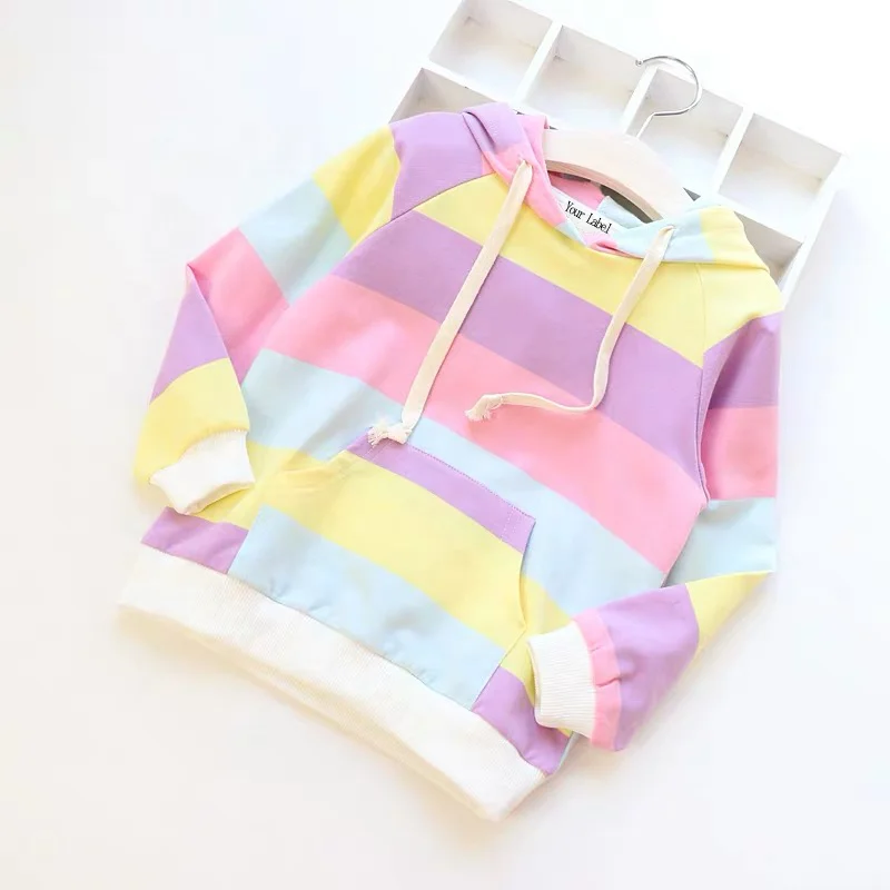 

Custom Autumn New Children's 100% Cotton Fabric Hoodie Rainbow Stripe Clothing Girls Sweatshirt