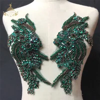 

High quality wholesale handmade heavy beaded green hot fix bodice crystal costume rhinestone applique