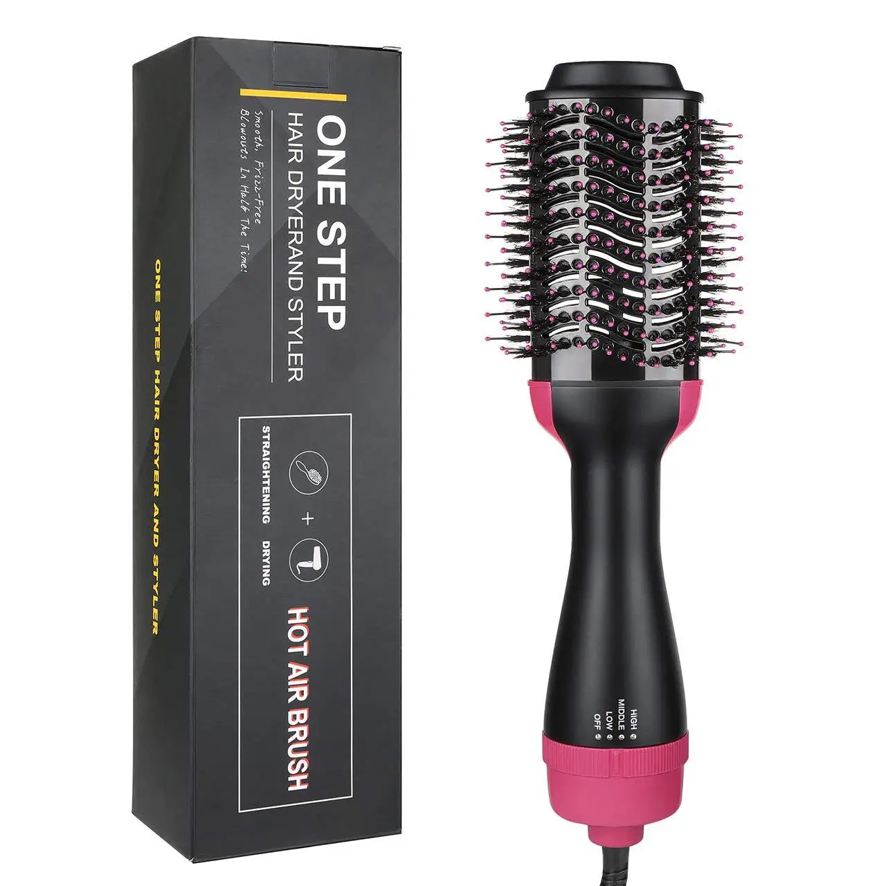 

Multifunctional 3in1 Hair Dryer Brush One Step Volumizer Rotating Straightener Curler Styling Hair Comb, Black+pink