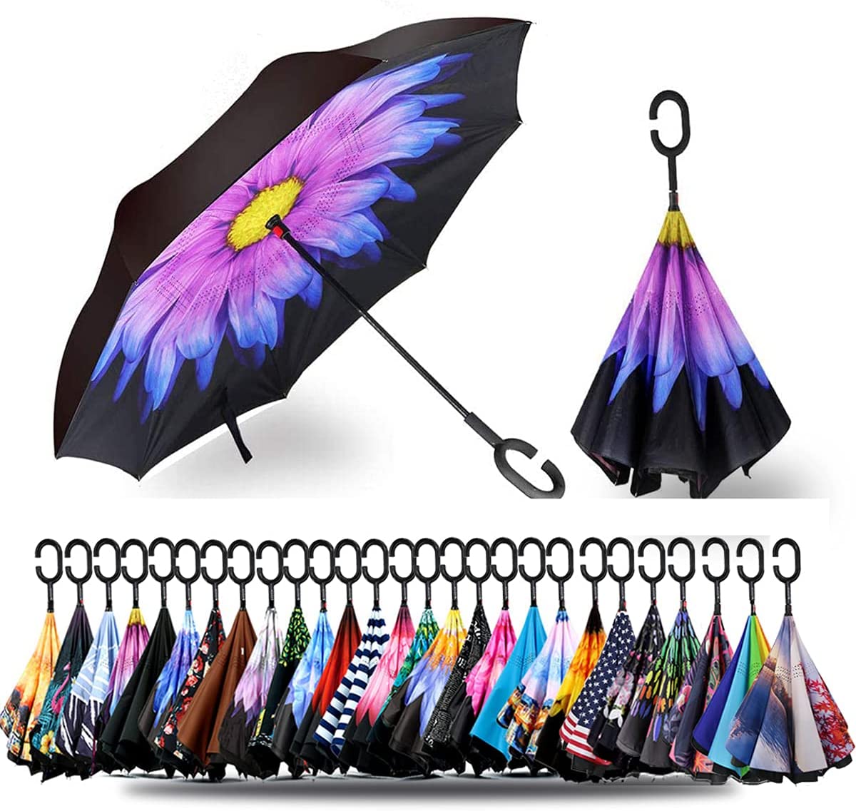 

Anti-UV Waterproof Windproof Straight Umbrella for Car Rain Outdoor Use Hand Free Reversible Umbrella Reverse Umbrella, Black, navy, red, customized color