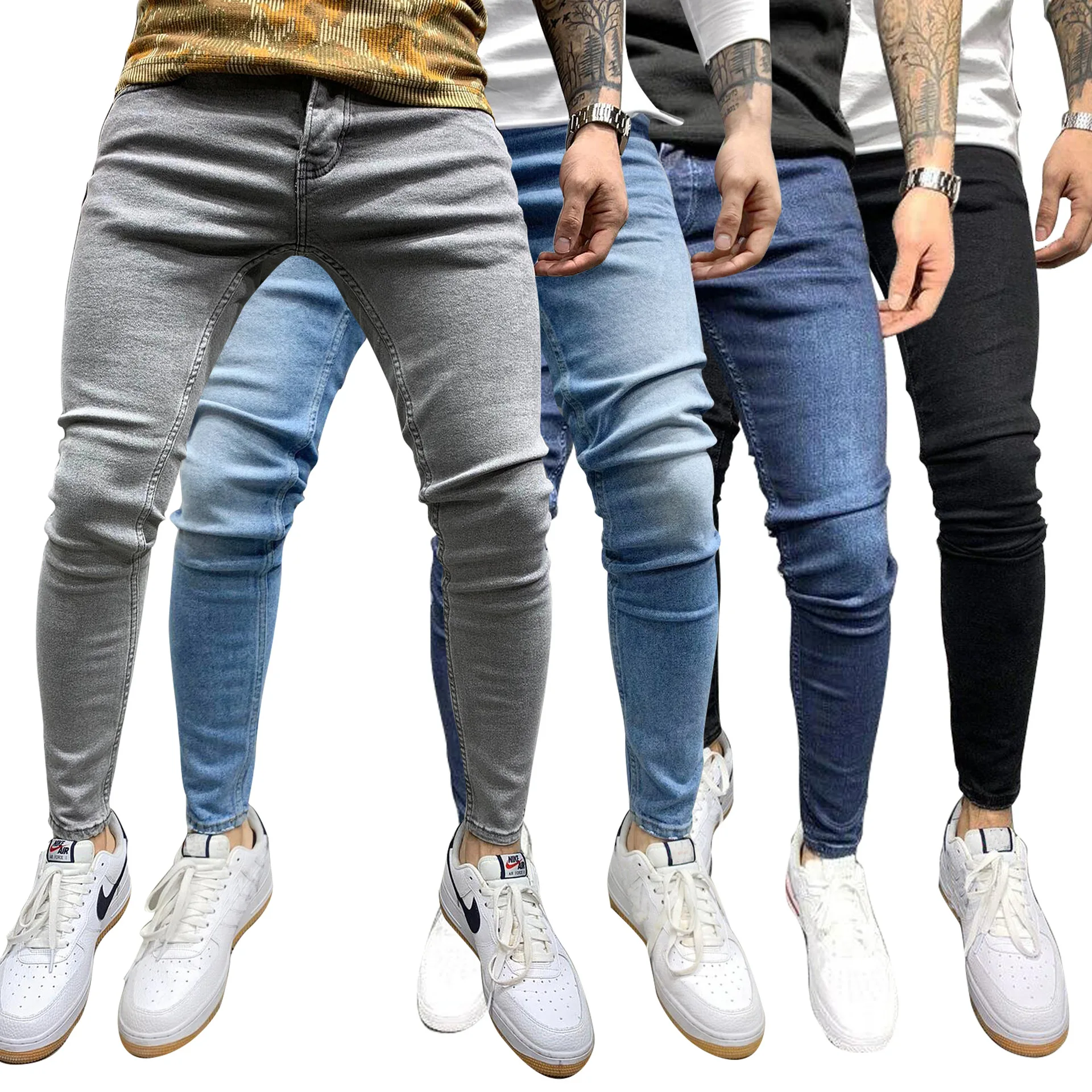 

Simple design jeans men's solid color trousers skinny stretch black gray pants elastic slim lower price men jeans
