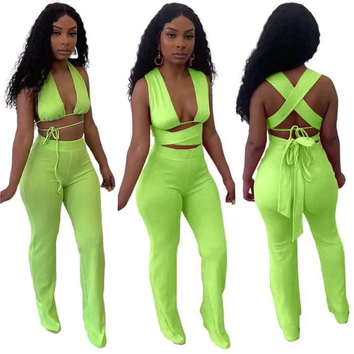 

Y8025-women suits 2021 solid color backless bandage two piece pants set sweat suits women