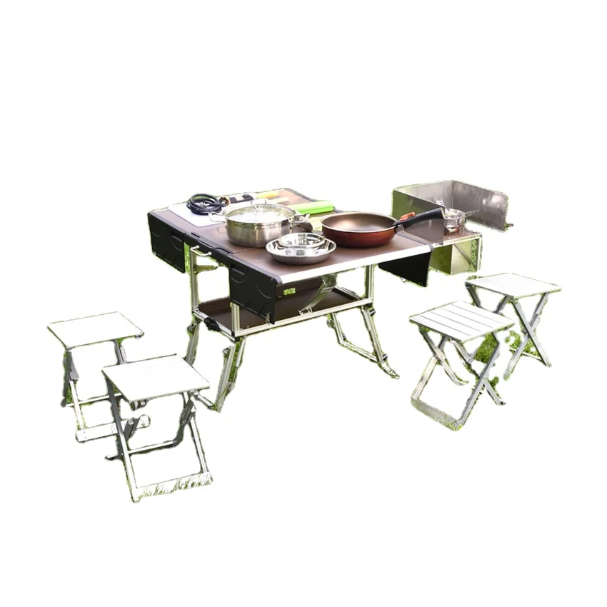 

outdoor Camping cooking barbecue kitchen stainless steel cabinet BBQ folding picnic table And Chair Set