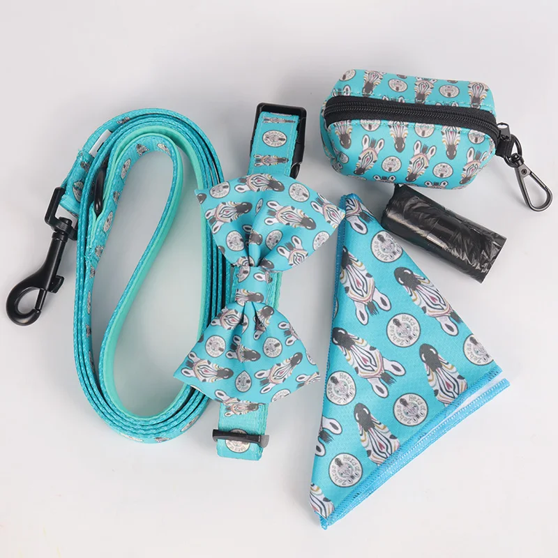

Wholesale Zebra Printing Dog Leash and Collar Kit Pet Collar Lead Bowtie Bandana and Poop Bag Holder