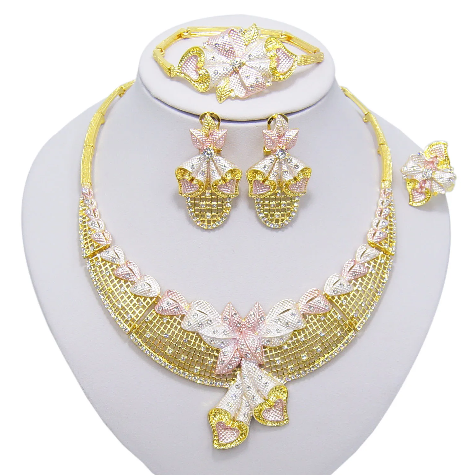 

Yulaili Fashion Pink Flower And Heart Necklace Set No-Fade 18k Saudi Gold Delicate Copper Alloy Jewelry Set For Women Wedding