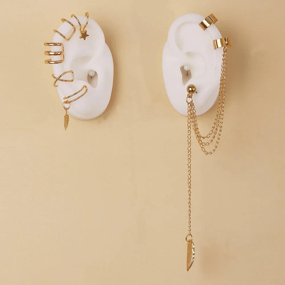 

Creative Statement Jewelry Metal Leaf Tassel Earring 7 Piece Alloy Gold Plated Cuff Ear Clip Set, Picture shows