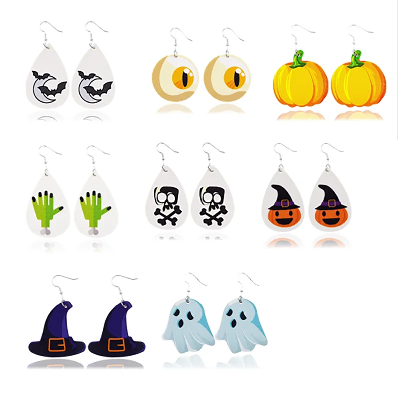 

newest Retro fashion Halloween leather earrings horror bat skull head paint handmade pumpkin party hook earrings for women men