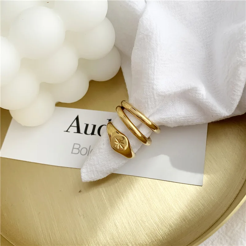 

Trendy Stainless Steel 18K Gold Filled North Star Signet Ring Women, As the picture