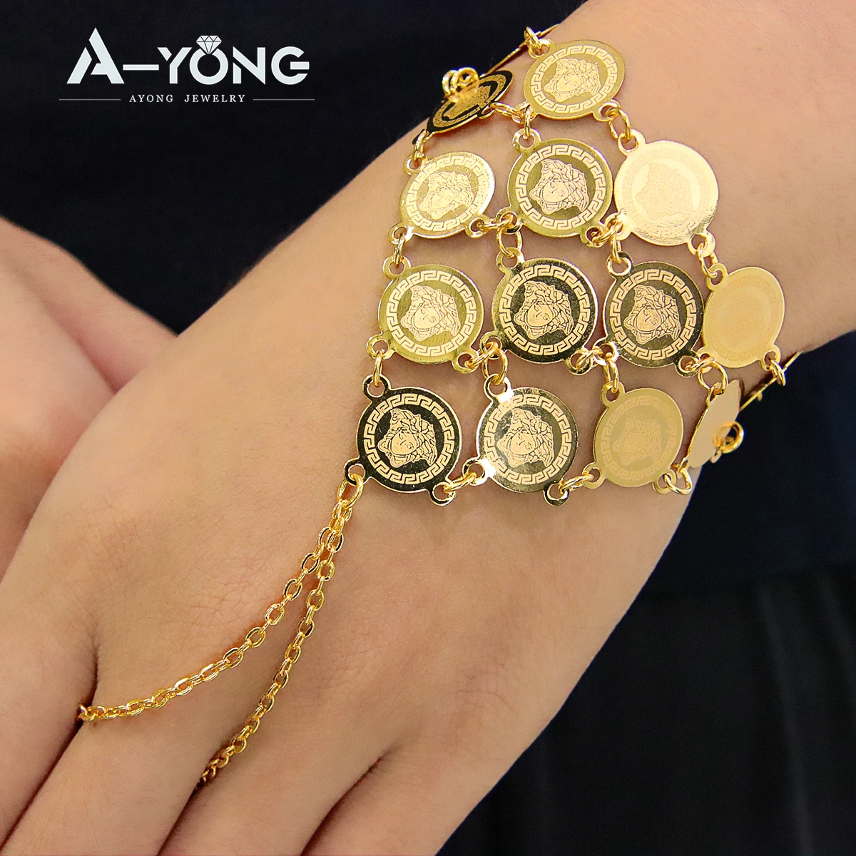 

Hot Selling Layer Coin Brass 18k Gold Plated Bracelet Women's Finger Chain Ring Bracelet